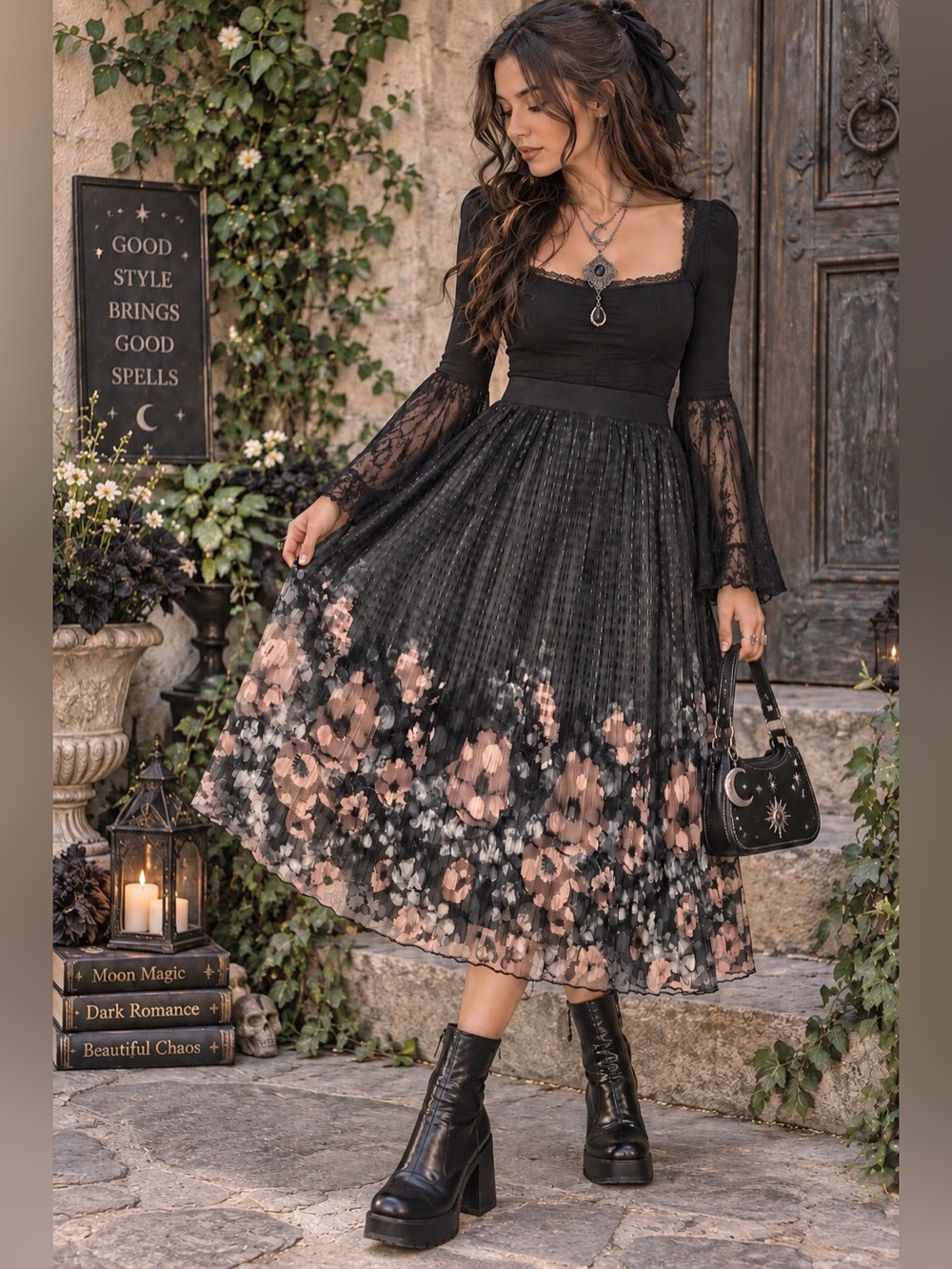Metrowear Floral Pleated Mesh Midi Skirt XL whimsigoth cottagegore